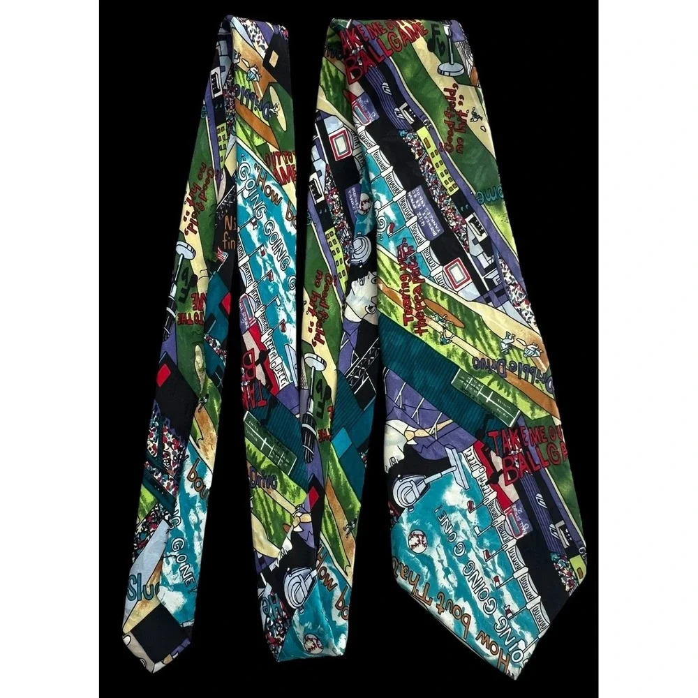 Vintage Nicole Miller 1992 Baseball Tie 100% Silk Hand-Sewn 54 ¾